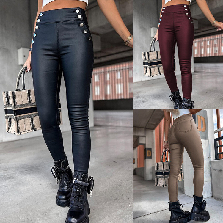 High Waist Slim Fit Faux Leather Trousers Three Colors Four Sizes