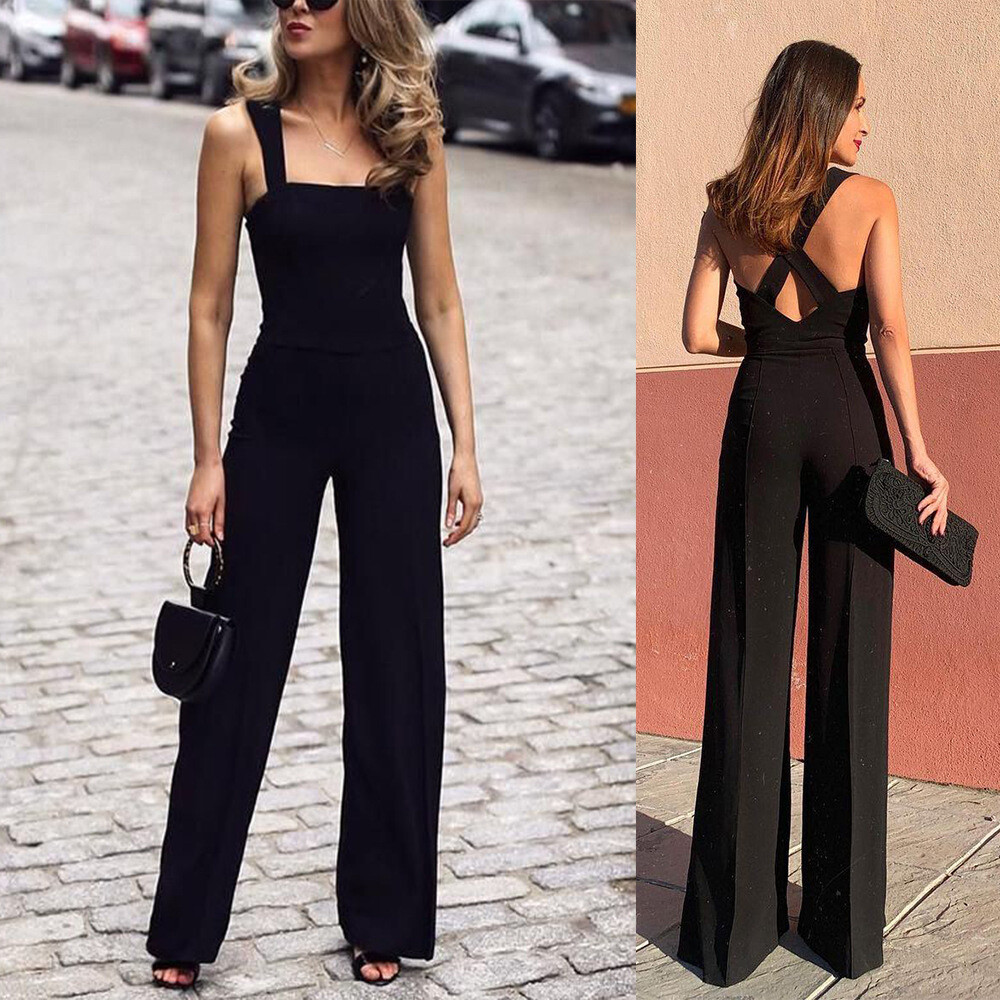 Ladies Straight Mid Waist Open Back Black Jumpsuit
