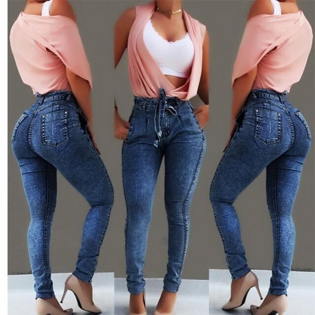 women's figure enhancing fit elastic fringed belt high waist jeans