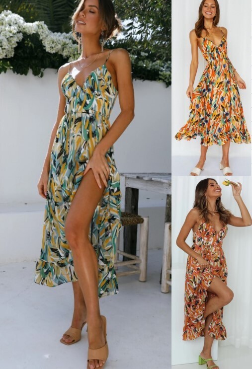 Women's Sexy Off Shoulder Boho Sling Print Dress