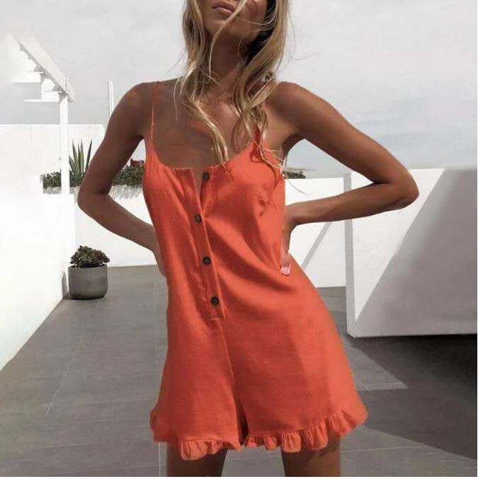 Summer Jumpsuit Ruffle Hem  Women Solid Color