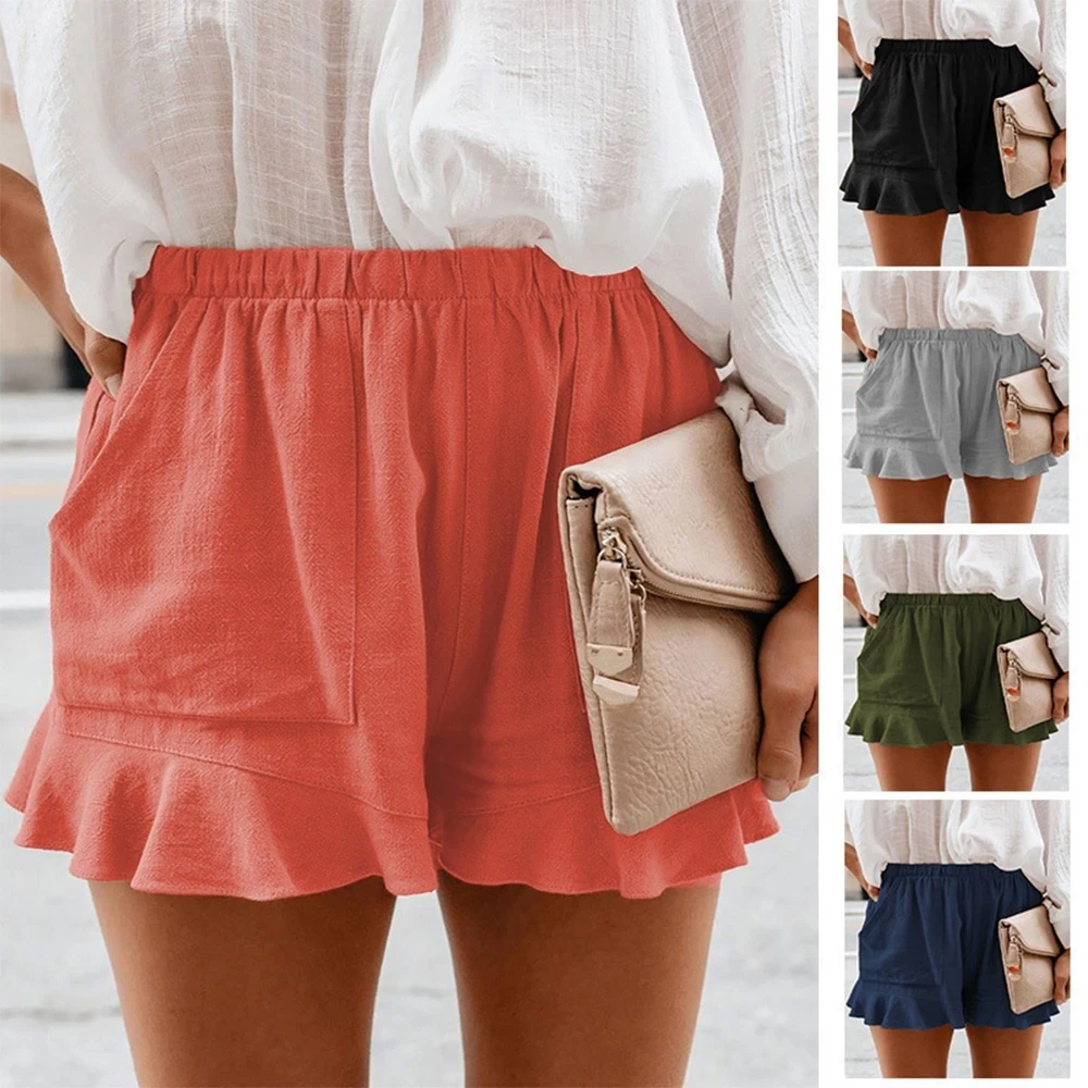 Women Cool Cotton Summer Shorts Lounge Beach Shorts Ruffle Hem with Pockets Light Quick Drying Shorts