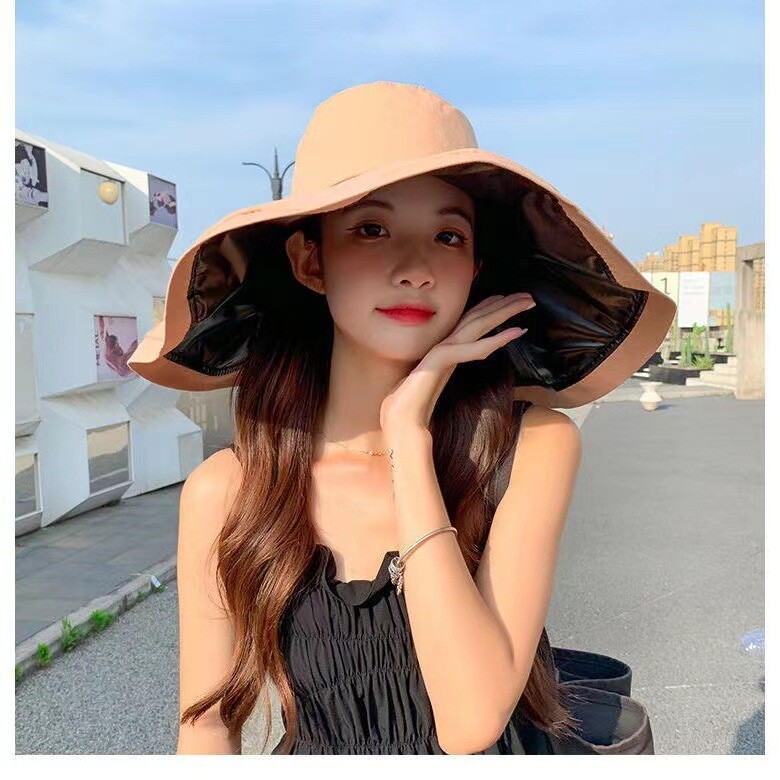 Black Lined Wide Brim Hat Female Japanese Style Ultraviolet Sun shield Folding Sun Hat Travel/Beach Hat