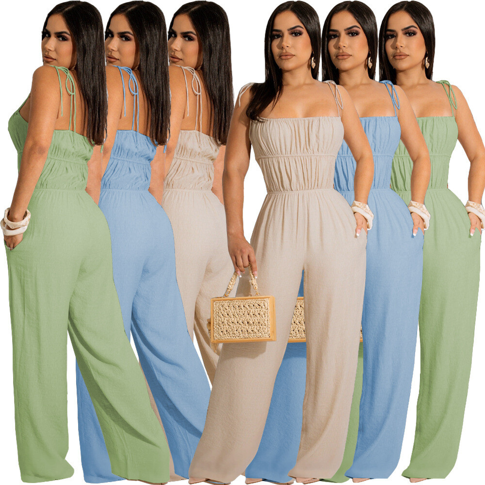 Sexy  Women's Jumpsuit  With Self-tie Shoulder straps Wide Leg Solid Color