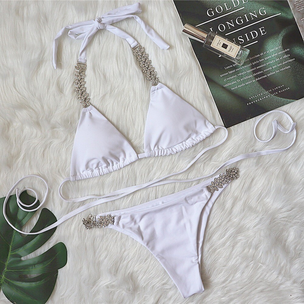 2023 New Crossed Straps  Bikini Solid Color with Metal and Diamond