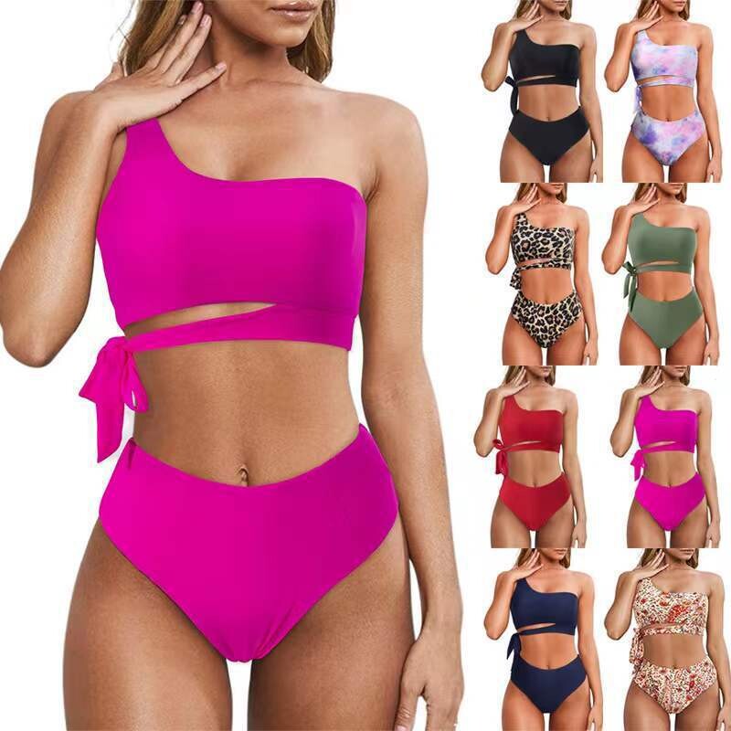 Solid Color Shoulder Sexy Split Swimsuit  Eight Colors