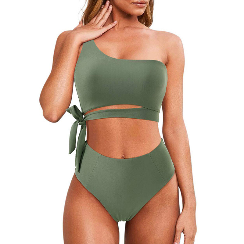 Solid Color Shoulder Sexy Split Swimsuit  Eight Colors