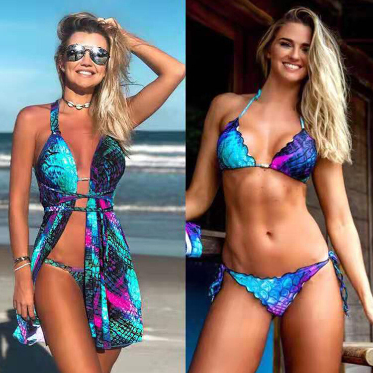 2023 Gradient Shade Fish Scales Straps Bikini Swimsuit Three-piece Set