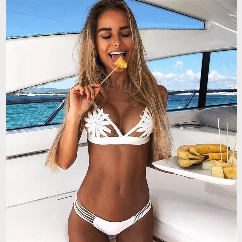 Solid Color Knit Stitching  Bikini Swimsuit