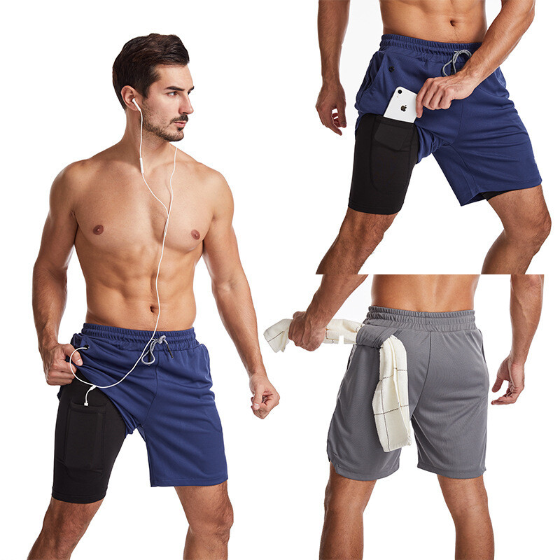 Men's Running Shorts Two-in-one Five-point Pants  Quick-drying Sports Fitness Casual