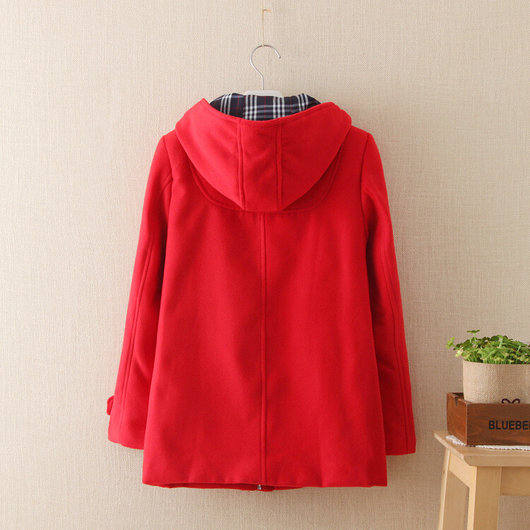 Stylish Japanese Hooded Mid-length Horn Buckle Wool Coat Women