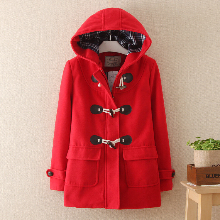 Stylish Japanese Hooded Mid-length Horn Buckle Wool Coat Women