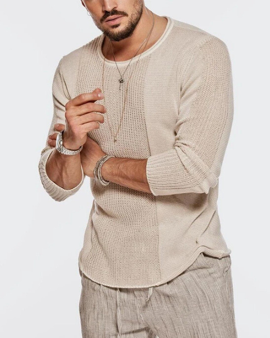 Men's Clothing  Long-sleeved Round Neck Hollow Knitted