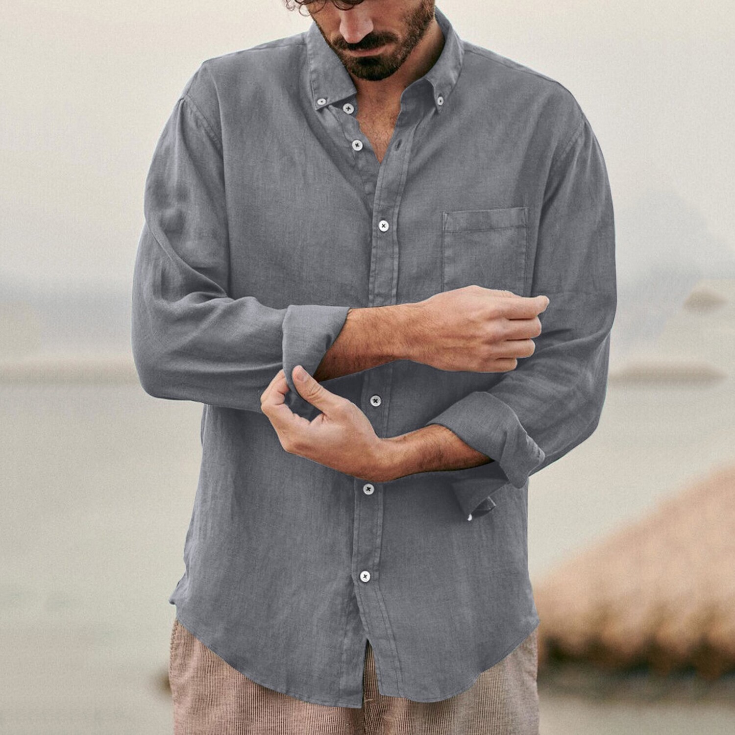 Solid Color  Cotton Linen Loose Men's Shirts