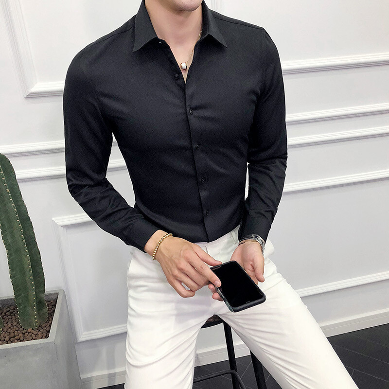Men's British Solid Color  Slim Cut Long Sleeve Shirt