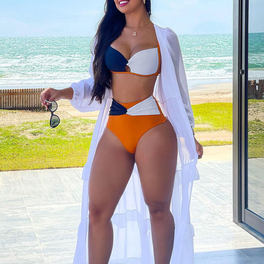 Color Block Bikini with High Waist