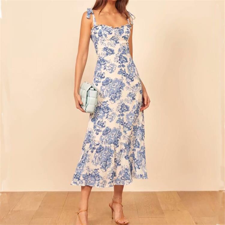Summer Blue And White PorcelainDesign Dress With Straps Backless Long Skirt