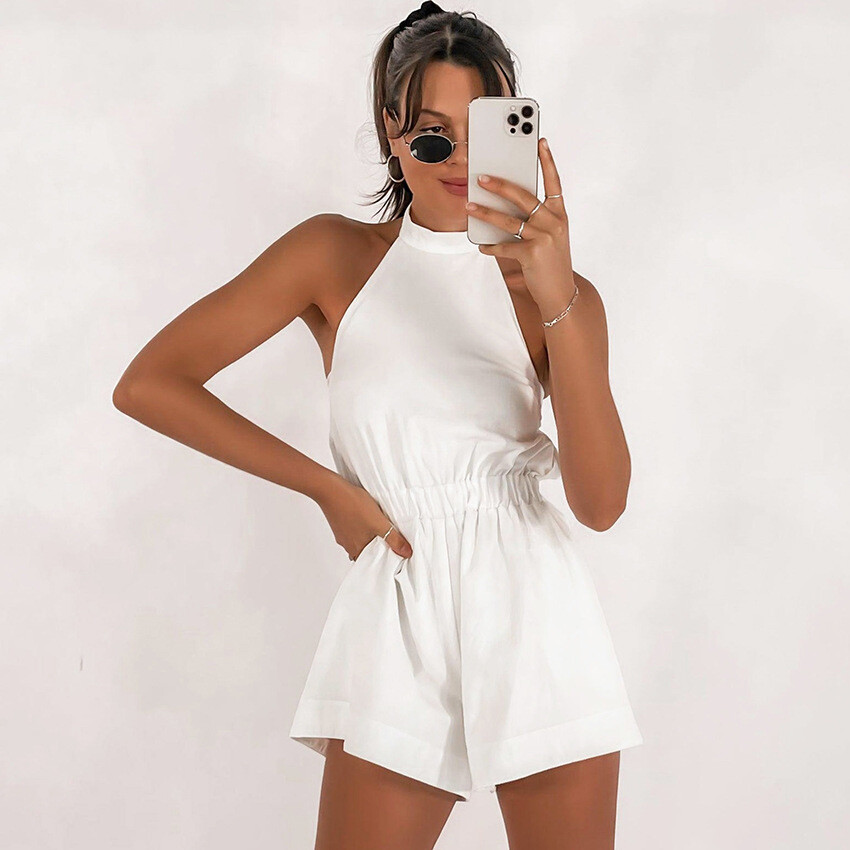 White Jumpsuit Women's Summer Halter Neck Sleeveless