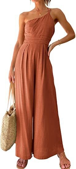Single Shoulder Strap Pleated High Waist Wide-leg Jumpsuit