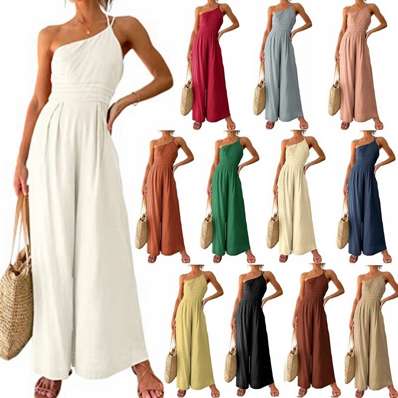 Single Shoulder Strap Pleated High Waist Wide-leg Jumpsuit