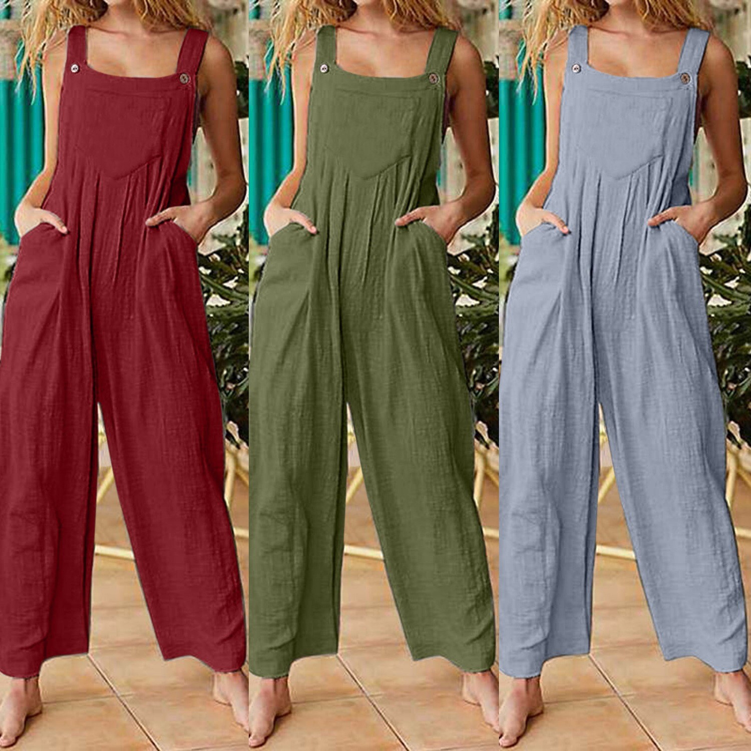 New Women's Solid Color Side Pocket Loose Overalls