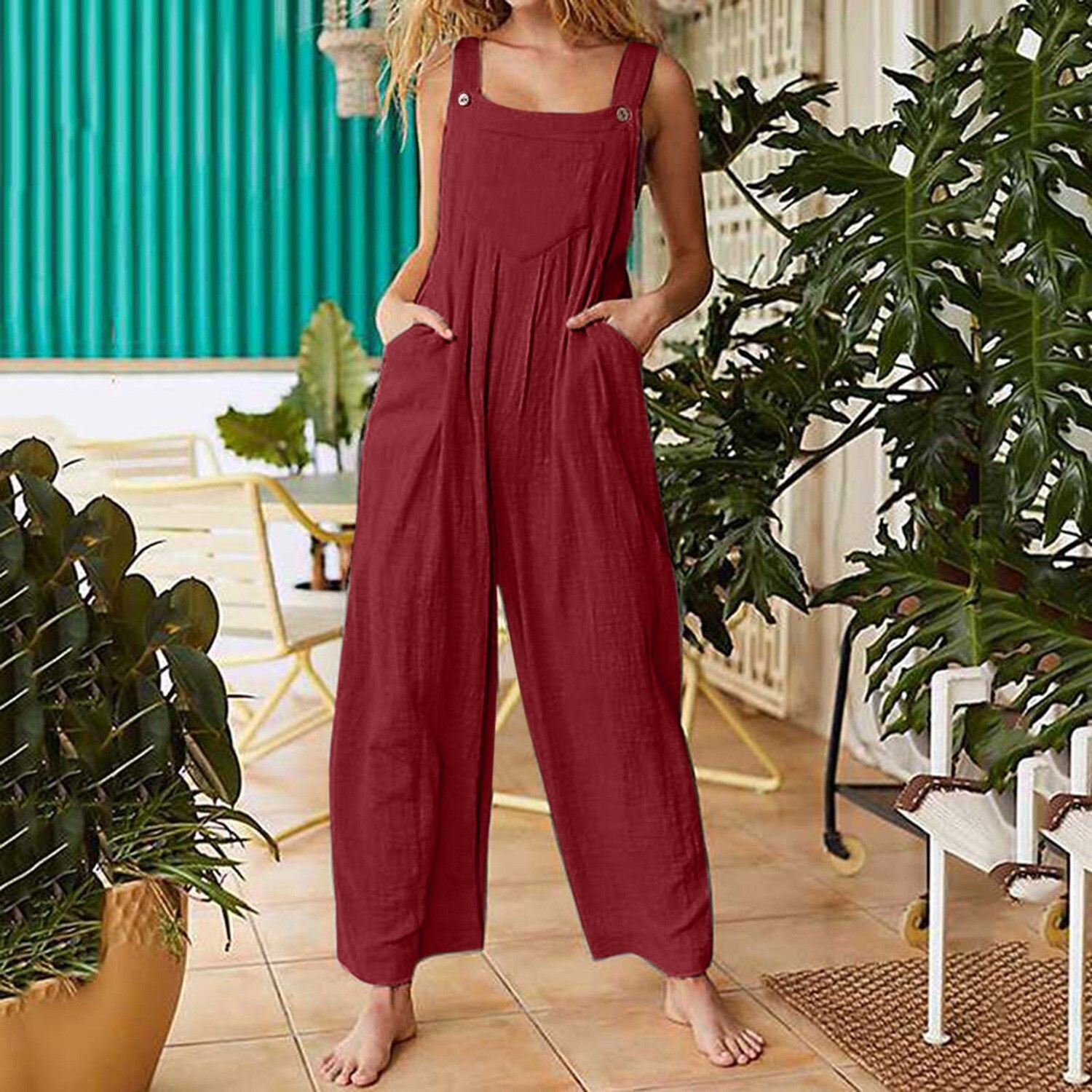 New Women's Solid Color Side Pocket Loose Overalls