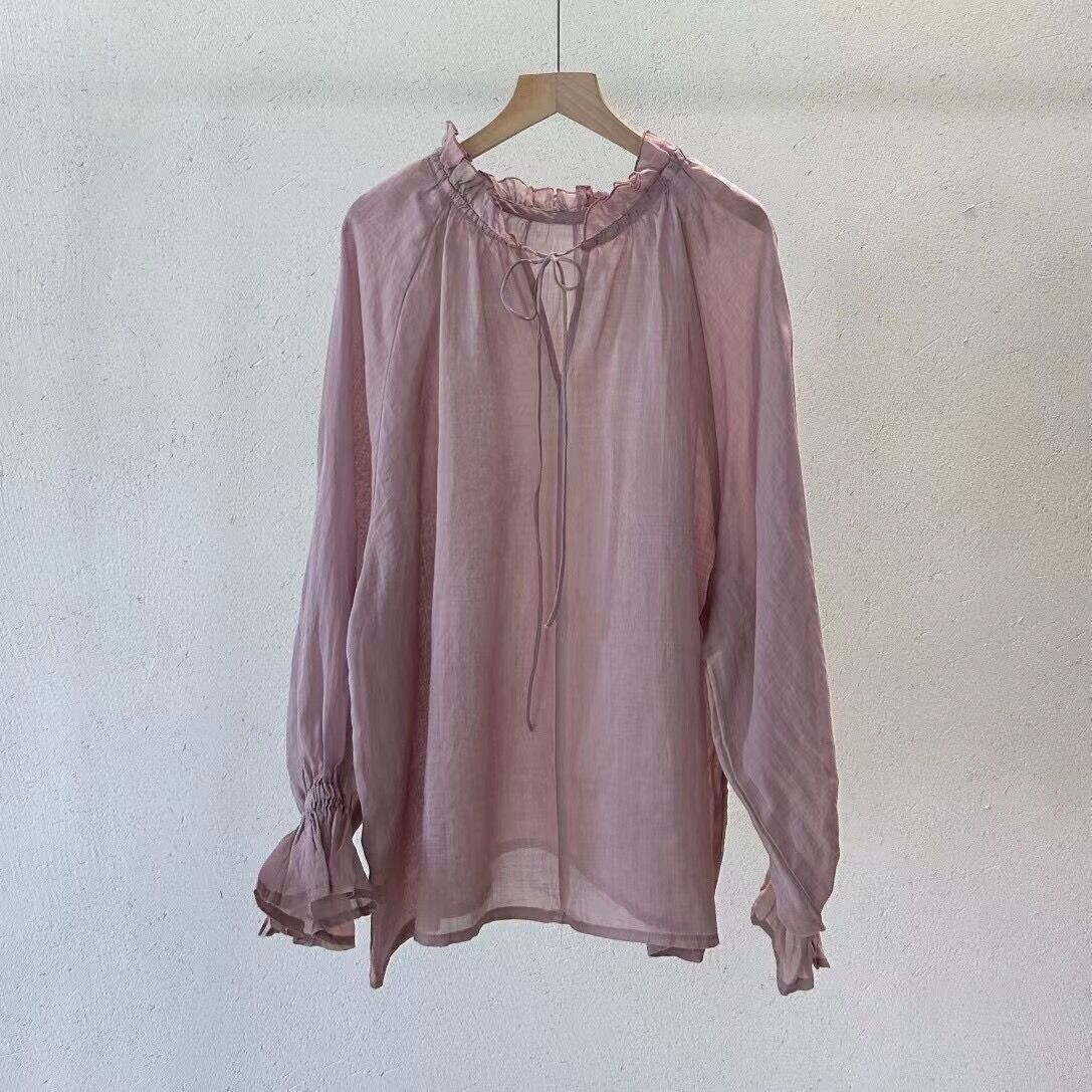 Ramie Shirt Tie Lace Collar  Long-sleeved  Women