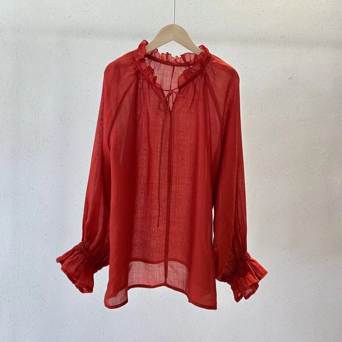 Ramie Shirt Tie Lace Collar  Long-sleeved  Women