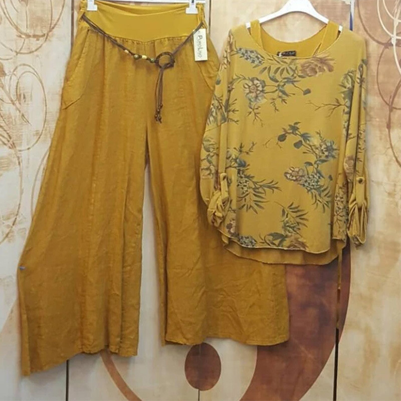 New  Women's Pattern Trousers Loose Top Casual Two-piece Set