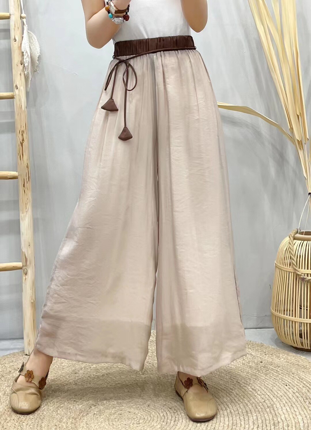 Loose Elastic Versatile Tinsel Double Layer  Pants Wide Leg Pants