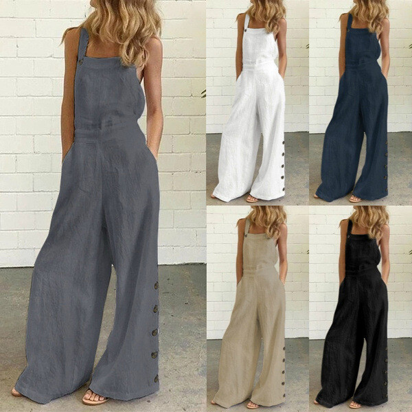 Women's Sleeveless Side Pocket Wide Leg Side Button Jumpsuit