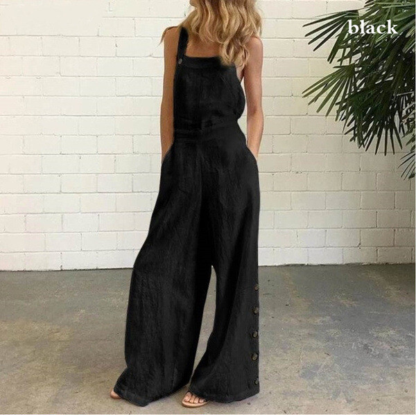 Women's Sleeveless Side Pocket Wide Leg Side Button Jumpsuit