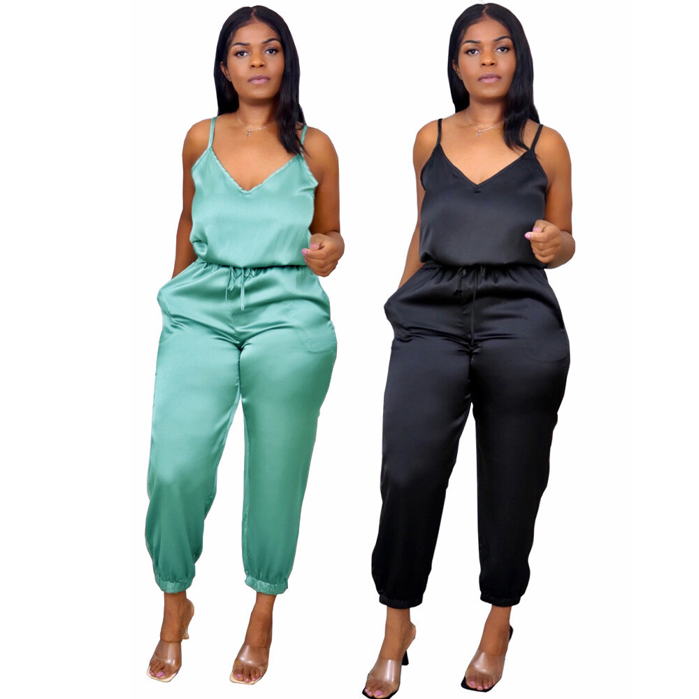Women's V-neck Small Sling Drawstring Trousers Sexy Jumpsuit