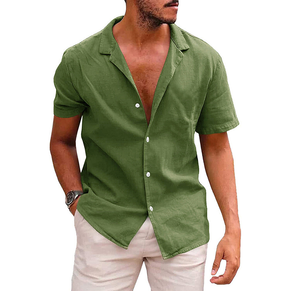 Summer Cotton Linen Lapel Solid Color Short-sleeved Shirt