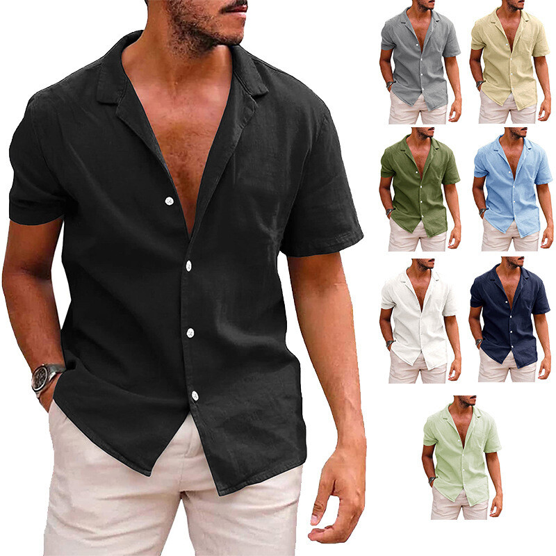 Summer Cotton Linen Lapel Solid Color Short-sleeved Shirt