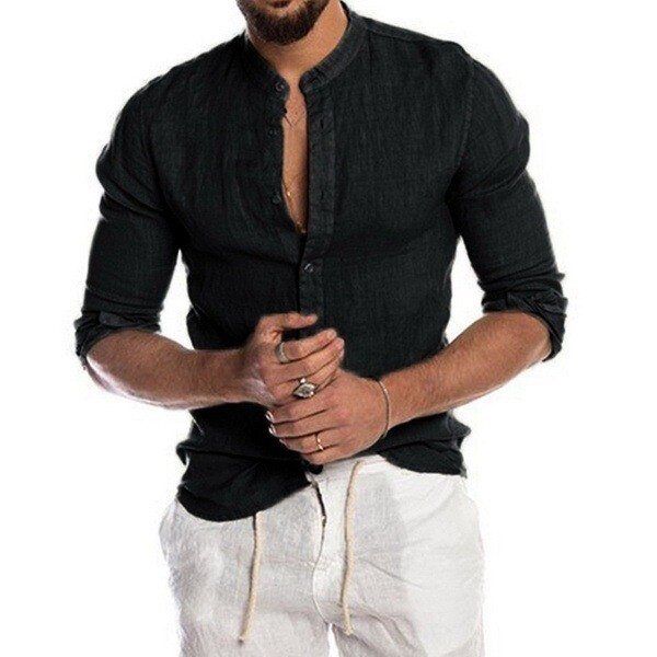 V-neck Linen New  No Collar Long-sleeved Men's Shirt