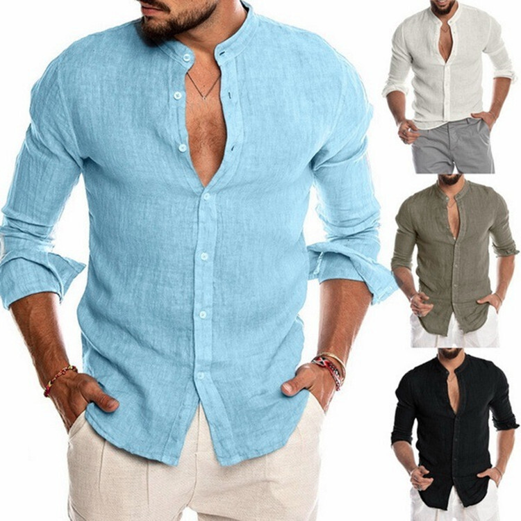 V-neck Linen New  No Collar Long-sleeved Men's Shirt