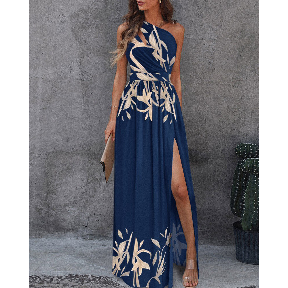 Women's Slanted Shoulder Sexy Slit Long Dress
