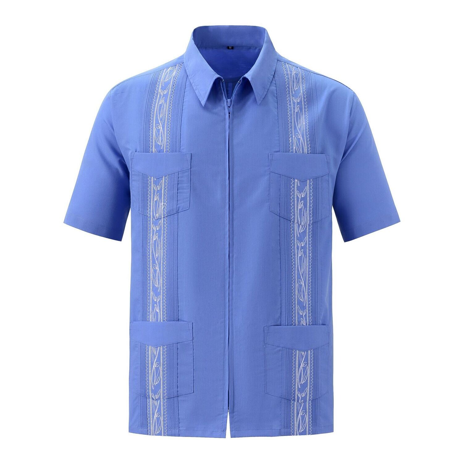 Multi-pocket Men's Guayabera Shirt Printed Lapel Cotton Shirt