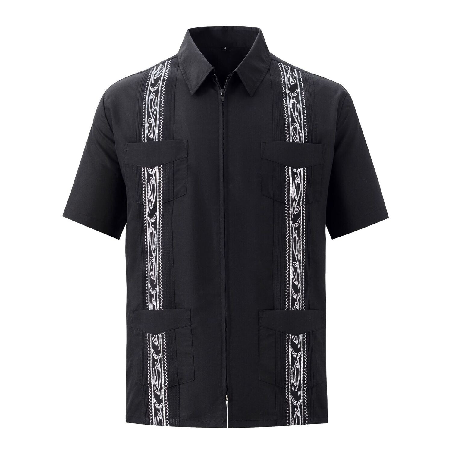 Multi-pocket Men's Guayabera Shirt Printed Lapel Cotton Shirt