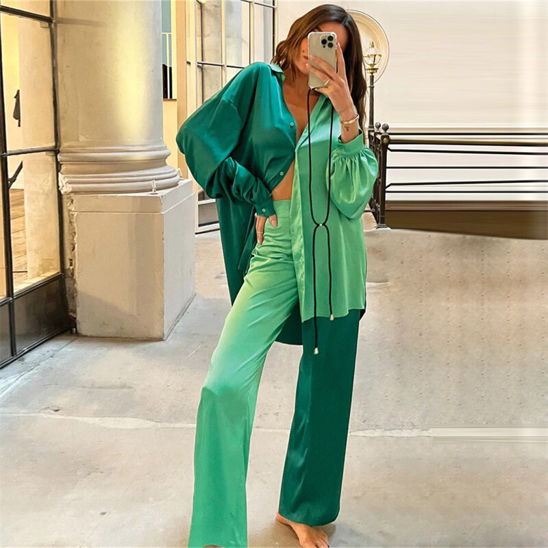 Satin Two-piece Suit Women's Oversized Shirt and Straight-leg Pants