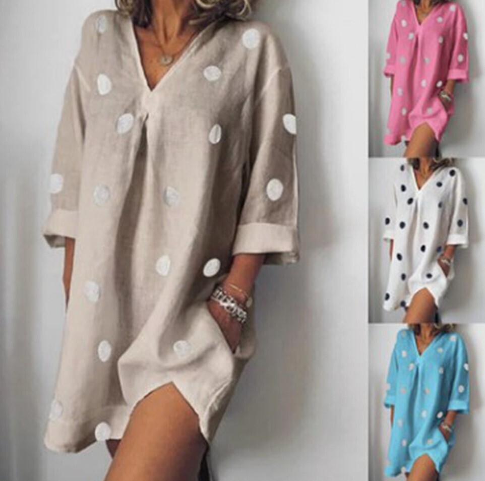 Linen Loose V-neck quarter Sleeve Slit Dress