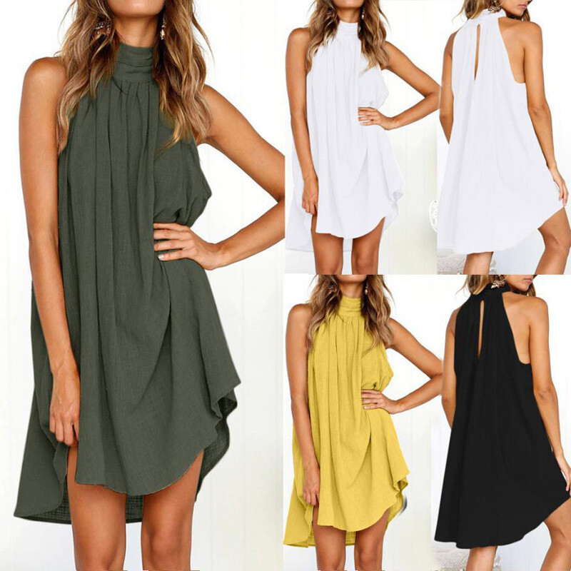 Women's Round Neck Pleated Cotton Linen Dress