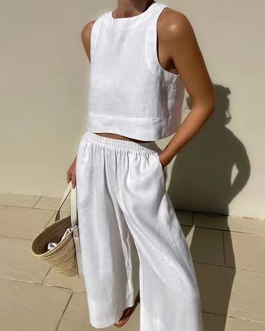 Cotton Linen Vest Wide Leg Pants Set
