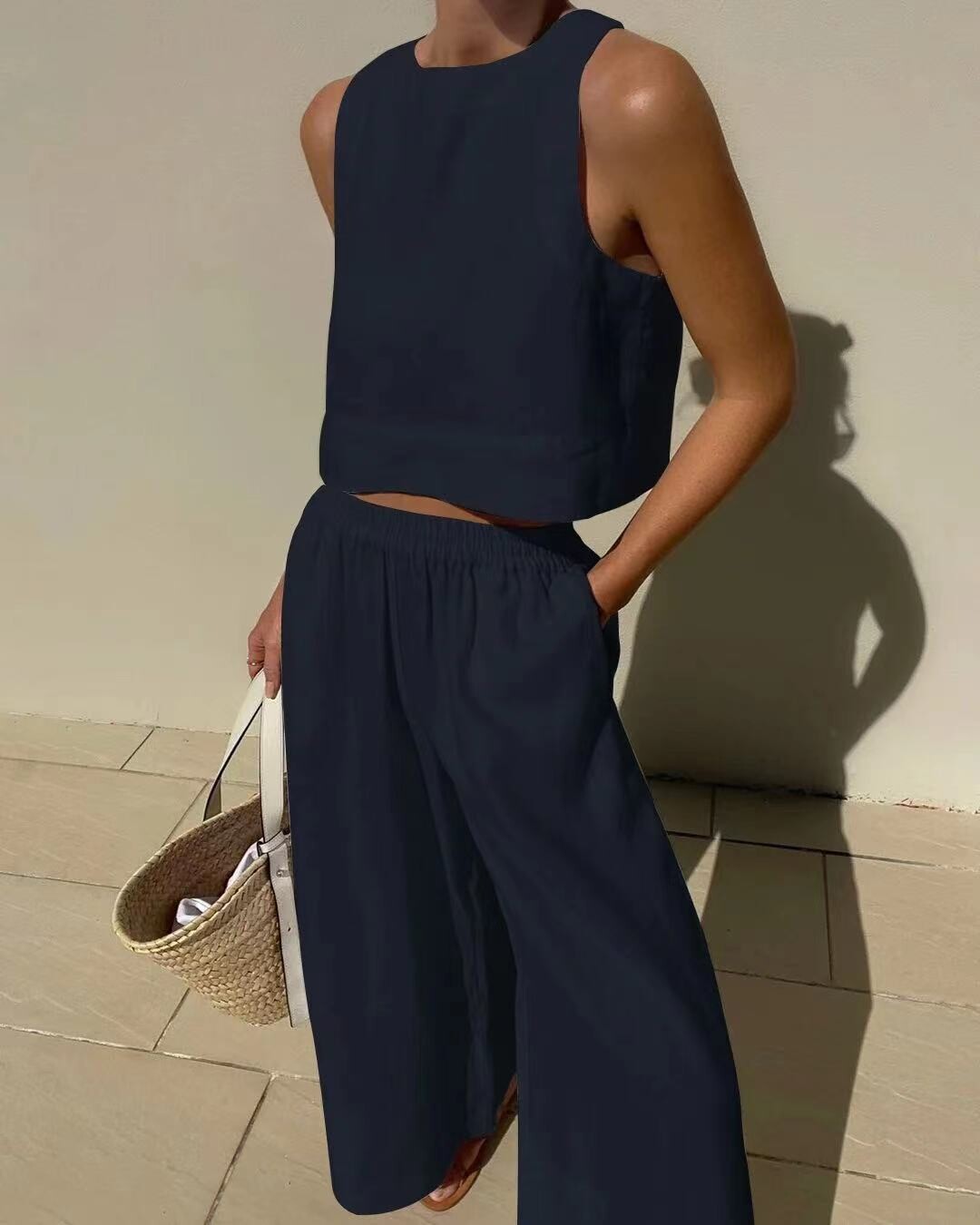 Cotton Linen Vest Wide Leg Pants Set