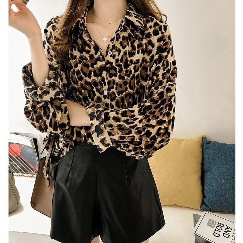 Loose Leopard Shirt Women's Long-sleeved Top available in Large Sizes