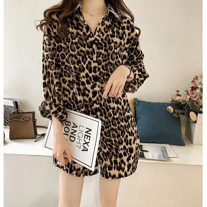 Loose Leopard Shirt Women's Long-sleeved Top available in Large Sizes