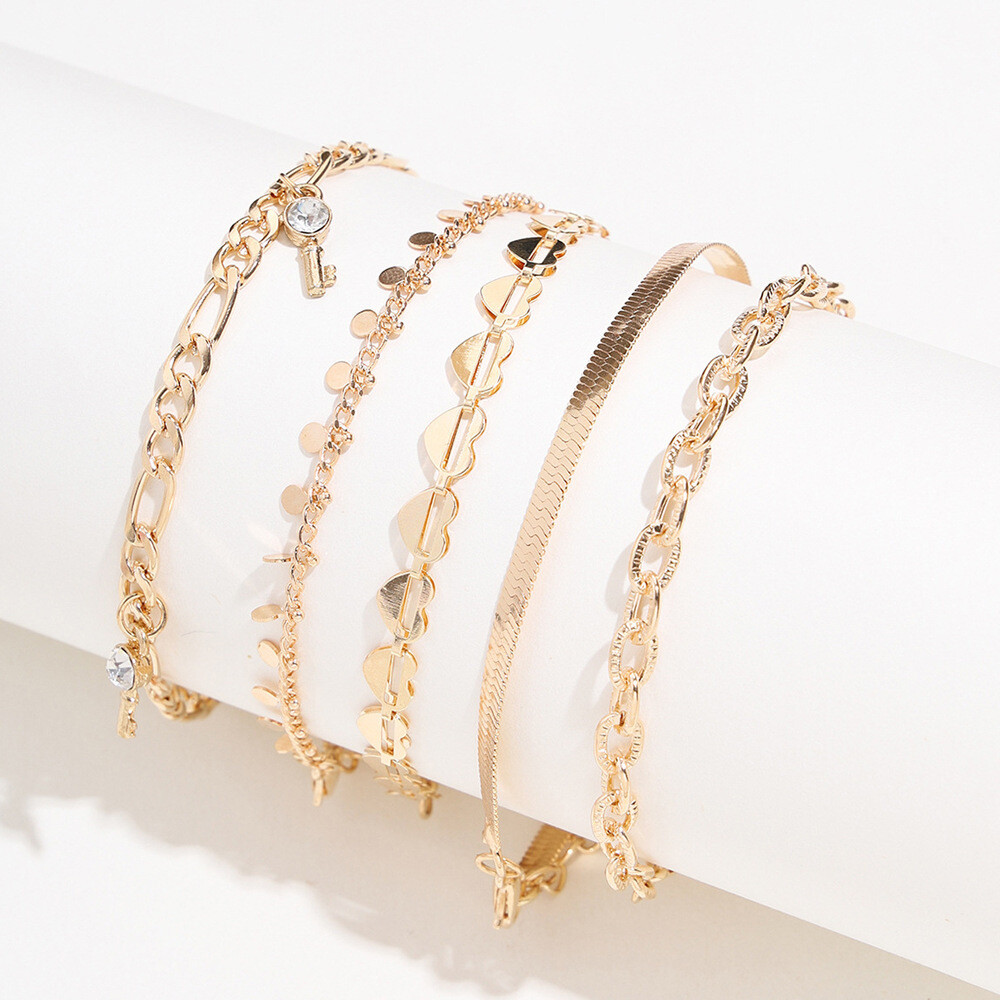 Love Anklet Disc Snake-shaped Chain Diamond Key Tassel 5 Piece Set Foot Jewelry