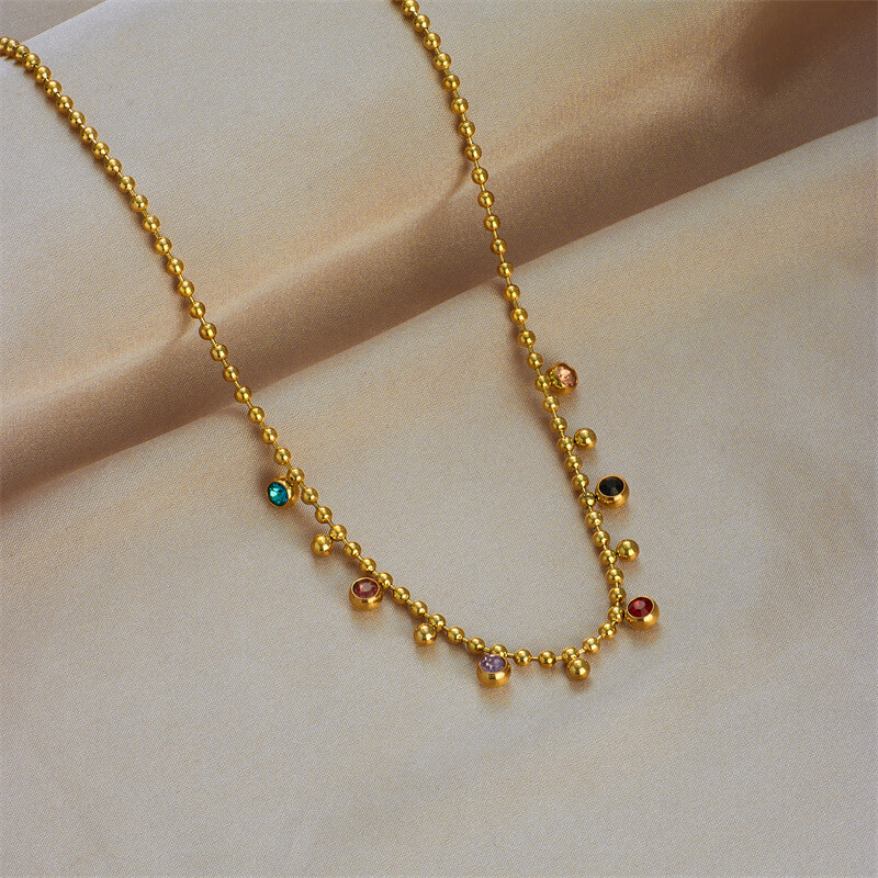 Multi Color Round Stones Titanium Steel Necklace