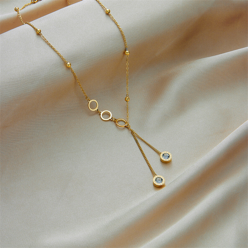Long Tassel Diamond Circle Pendant Titanium Steel  Necklace